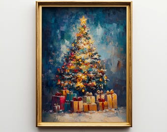 May include: A framed Christmas tree painting with a gold frame. The tree is decorated with lights and a star on top. Presents are at the base of the tree. The painting has a textured, impressionistic style with a blue background.