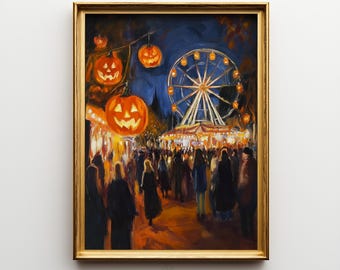May include: A framed oil painting depicting a nighttime carnival scene with glowing orange jack-o'-lanterns hanging from branches in the foreground. A large illuminated Ferris wheel stands in the background above a crowd of people. The text ELM TREE PRINTS is visible at the bottom.