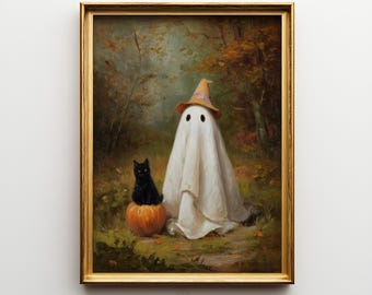 May include: A framed wall art print featuring a white ghost wearing an orange pointed hat, sitting next to a black cat perched on an orange pumpkin in a forest setting. The text ELM TREE PRINTS is visible at the bottom of the framed artwork.