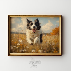 Border Collie in Sunny Field - Impressionist Dog Art Print, Rustic Farmhouse Decor, Vintage Style Landscape, Cottagecore Wall Art 184