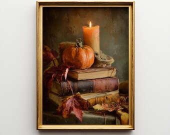 May include: A framed still life painting featuring a pumpkin, books, and a lit candle. The pumpkin is orange, and the books are stacked with red and brown covers. Autumn leaves are scattered around the base of the stack. The candle is lit, casting a warm glow.