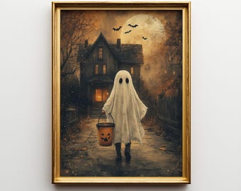 May include: A framed Halloween print depicts a ghost carrying a jack-o'-lantern bucket, walking toward a haunted house under a full moon. The artwork has a vintage, painterly style with a gold frame. The print is from Elm Tree Prints.