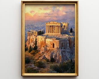 Puede incluir: Una impresión enmarcada del Partenón en Atenas, Grecia, al atardecer. La obra de arte presenta el antiguo templo sobre una colina rocosa, bañado por una cálida luz. El cielo es una mezcla de tonos naranja, rosa y azul. El marco es dorado.