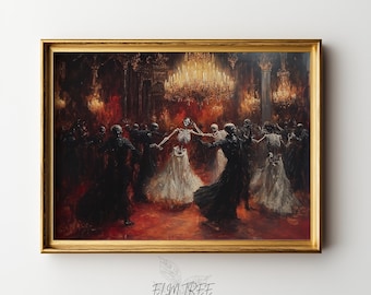May include: A framed print of a gothic ballroom scene. The artwork depicts skeletons dancing in a grand hall with a chandelier. The color palette is dominated by dark reds, blacks, and golds, creating a dramatic and eerie atmosphere. The frame is gold.