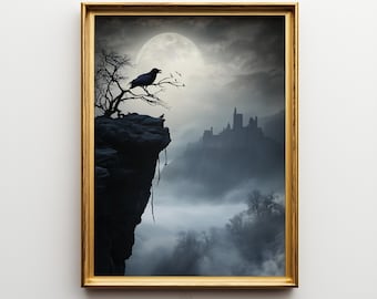 May include: A framed wall art print featuring a dark, moody landscape with a black raven perched on a bare tree branch atop a rocky cliff. A large full moon illuminates a distant castle shrouded in thick fog, with the text Elm Tree Prints below.