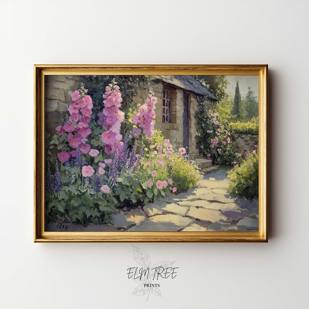 Rustic English Cottage Garden Art - Vintage Oil Painting, Printable ...