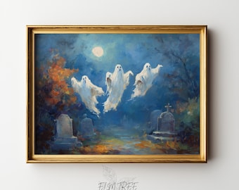 May include: A framed painting depicts three white ghosts floating above a graveyard under a full moon. The artwork has a gold frame and features a blue and orange color palette, with the text "ELM TREE PRINTS" at the bottom.