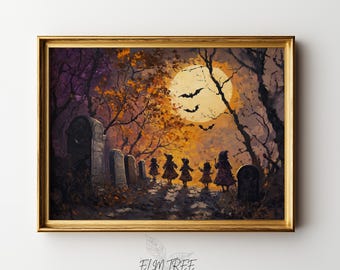 May include: A framed print depicts a Halloween scene with a full moon, bats, and children walking through a graveyard. The artwork features a gold frame and the text "ELM TREE PRINTS" at the bottom.