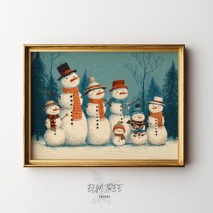 Vintage Snowman Family Portrait - Printable Winter Art, Nostalgic Cartoon Style, Rustic Holiday Wall Decor, Christmas Scene Painting 1474