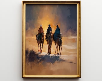 May include: A framed print shows three figures riding camels, set against a warm, golden sunset. The artwork, in a gold frame, suggests travel and adventure, with a desert landscape and muted colours.