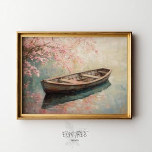 Rustikales Ruderboot auf See Ölgemälde - Druckbare Vintage Landschafts Kunst, altes Holzboot, ruhige Wasserszene, Cottage Dekor, Digitaldruck 2
