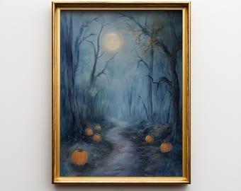 May include: A framed wall art print depicting a dark, misty forest path at night under a full moon. Several orange pumpkins are scattered along the ground among bare, dark trees. The text ELM TREE PRINTS is visible at the bottom of the frame.