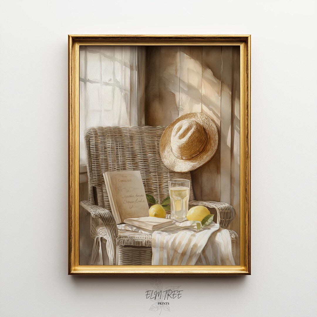 Sunlit Wicker Chair and Straw Hat Still Life, Rustic Summer Decor ...