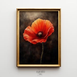 Moody Poppy Watercolor Painting - Vintage Floral Art, Rustic Cottage Decor, Single Poppy Print, Earthy Botanical Wall Art, Printable 659