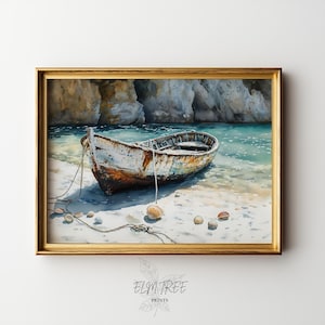 Rustic Boat on Coastal Beach Watercolour - Vintage Summer Ocean Scene, Printable Nautical Wall Art, Seaside Decor, Coastal Landscape Print
