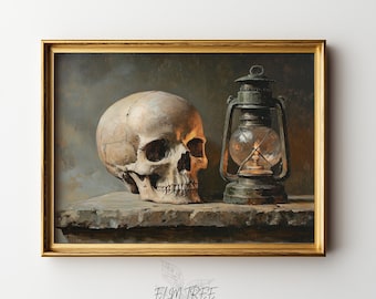 May include: A framed wall art print featuring a realistic painting of a human skull positioned next to a lit metal lantern on a stone ledge. The artwork is enclosed in a gold-colored frame and includes the text ELM TREE PRINTS at the bottom.