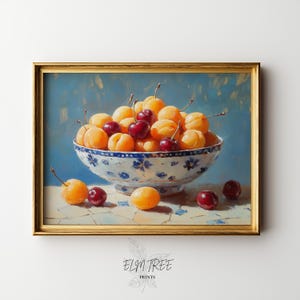 Oil Painting of Apricots and Cherries - Rustic Kitchen Art, Vintage Bowl Still Life, Printable Fruit Wall Decor, Kitchen Art Print 225