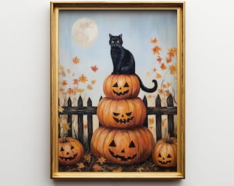 May include: A framed wall art print featuring a black cat perched atop a vertical stack of three carved jack-o'-lanterns. The scene includes a dark wooden fence, scattered orange autumn leaves, and a full moon against a pale blue sky background.