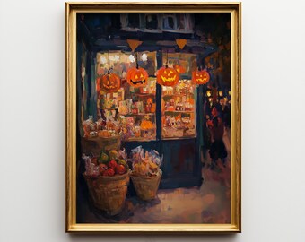 May include: A framed oil painting depicting a storefront at night with three glowing orange jack-o'-lanterns hanging in the window. Below the window, two woven baskets are filled with colorful produce. The text Elm Tree Prints is visible.