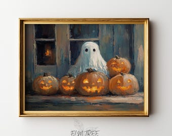 Puede incluir: Pintura enmarcada con temática de Halloween. La obra representa una figura de fantasma blanco detrás de cinco calabazas talladas con caras iluminadas. Las calabazas son naranjas y el fondo es azul oscuro y marrón.