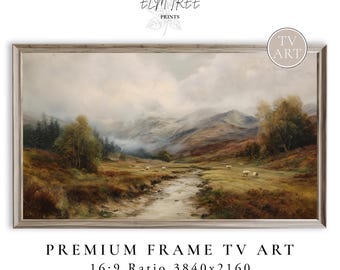 May include: A framed landscape painting depicts a serene valley with a river, sheep, and mountains under a cloudy sky. The artwork is labeled "TV ART" and includes the text "PREMIUM FRAME TV ART" and "16:9 Ratio 3840x2160 Insatnt Download". The Elm Tree Prints logo is at the top.