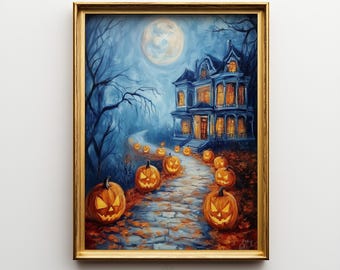 May include: A framed wall art print depicting a spooky Victorian house at night under a full moon. A stone path leads to the house, lined with glowing jack-o'-lanterns. The scene features deep blue tones, bare tree branches, and warm orange light.