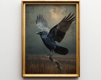 May include: A framed wall art print featuring a black raven with wings spread wide, perched on a weathered branch against a moody, overcast landscape. The artwork is enclosed in a metallic gold frame and includes the text Elm Tree Prints at the bottom.