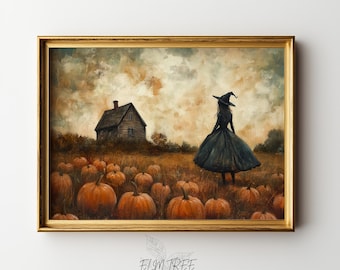 May include: A framed wall art print depicting a figure in a black dress and pointed hat standing in a pumpkin patch. A rustic house sits in the background under a cloudy, golden-toned sky. The text ELM TREE PRINTS is visible below the frame.