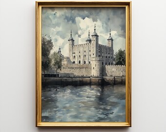 Moody Tower of London Watercolor, Historic Architecture Art (Digital Download)