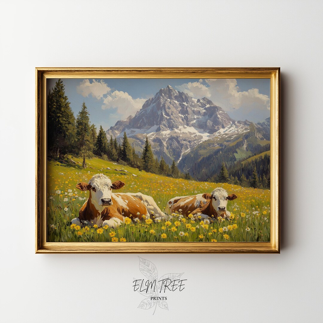 山の牧草地のアルプス牛のプリント - 素朴な風景の壁アート、田園的な