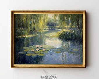 Impressionist Pond Scene with Lily Pads - Calming Nature Wall Art, Pastoral Blues & Greens, Tranquil Printable Digital Decor 2128