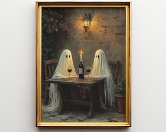 May include: A framed wall art print depicting two white sheet-covered ghosts sitting at a wooden table for a candlelit dinner. A wine bottle and two glasses are on the table. A wall lantern illuminates the scene. The text ELM TREE PRINTS is below.