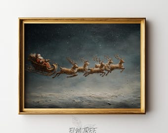 May include: A framed print depicts Santa Claus in a sleigh pulled by reindeer, flying through a snowy night sky. The artwork has a vintage aesthetic with a gold-colored frame, evoking a classic Christmas scene.