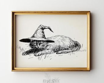May include: A black and white ink drawing of a cat wearing a pointed witch hat, presented in a gold-colored frame. The cat is depicted in a reclining position with detailed line work, and the text ELM TREE PRINTS appears below the frame.