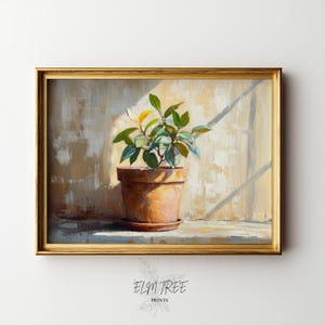 Oljemålning med vintageväxt i lerkruka - Rustik inomhusdekoration, stämningsfullt solbelyst hörn, utskrivbar väggkonst, charmig botanisk konst 1364