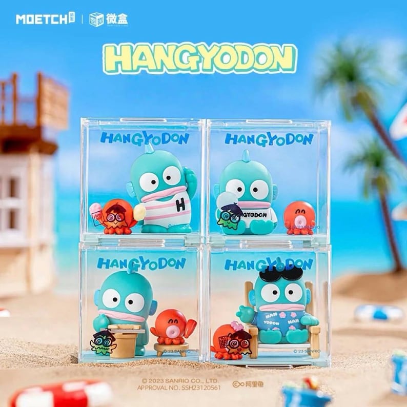 May include: Four clear display boxes each containing a Hangyodon figure and an orange octopus figurine. The Hangyodon figures are teal with white and pink accents. The boxes are on a sandy beach with a blue sky background.