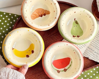 Ceramic Dipping Sauce Dishes Set, Hand-Illustrated Fruit Characters, Underglaze Tableware (Set of 4)