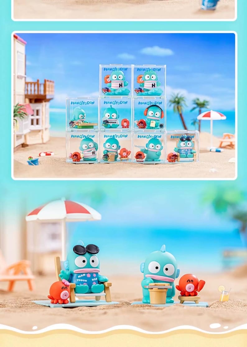 May include: Collection of blue cartoon character figurines in clear display boxes, each with a different accessory. The figurines are displayed on a beach scene with a blue ocean and white sand. Some figurines are in beach chairs.