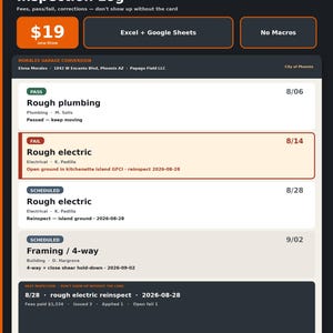 May include: A digital Job Cost Kit Permit and Inspection Log template for Excel and Google Sheets. The interface displays project details for Morales Garage Conversion, including inspection statuses for plumbing, electric, and framing tasks.