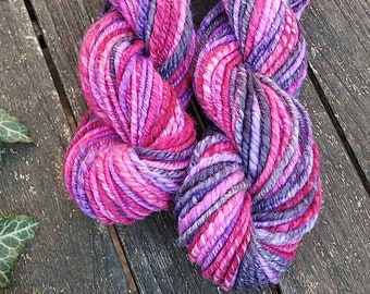 Handspun yarn, handspun merino wool,  hand dyed handspun yarn,  pink, purple, blue handspun yarn, aran handspun