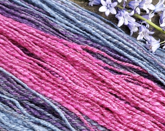 Handspun yarn, plied handspun, gradient yarn, bluefaced leicester wool, blue, pink and purple handspun yarn, british wool