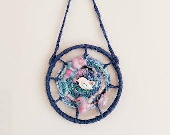 Wall Hanging, Modern Woven Tapestry Textile Art, Circular Wall Hanging with Cute Bird