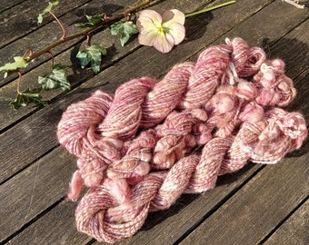 Handspun Art Yarn, Merino, silk, stellina, camelid hair, coiled yarn, corespun yarn, heavily textured yarn, novelty yarn