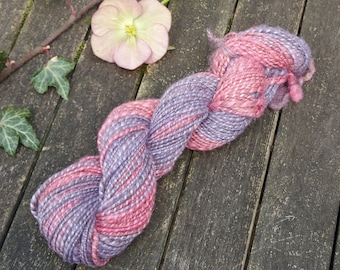 Handspun yarn, plied handspun, bluefaced leicester wool,  pink and purple handspun yarn, british wool