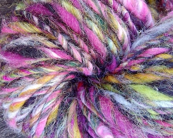 Handspun Yarn, merino wool,  cotton, bamboo, sari silk fibre, stellina blend, approx 95g.