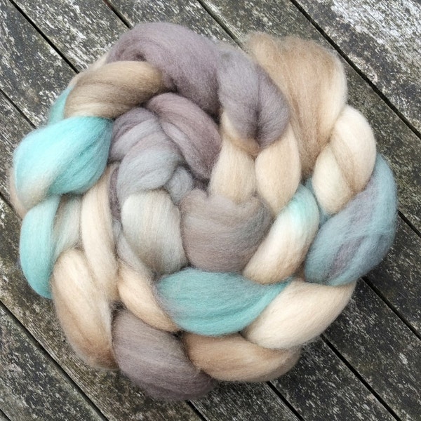 Hand Dyed Superwash BFL Wool Tops, spinning, sea green,sand, grey, brown, 120g
