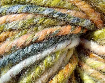 Handspun bulky yarn, plied handspun, merino wool and bamboo yarn, textured handspun, green handspun yarn