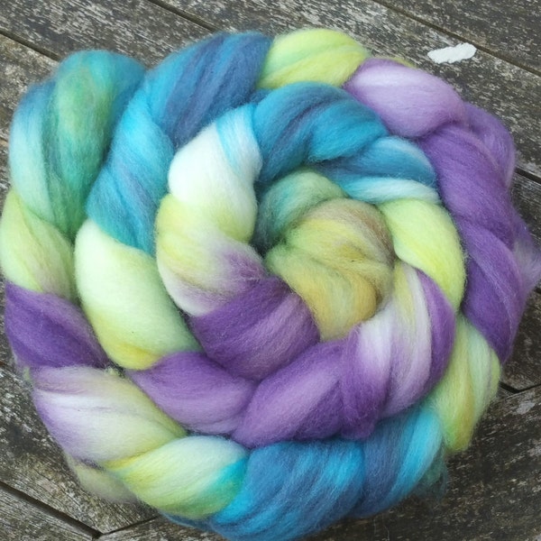 Hand Dyed Superwash BFL Wool Tops, spinning, purple, lime, turquoise, 110g