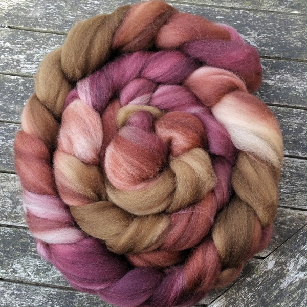 Hand Dyed Superwash BFL Wool Tops, spinning, cherry, chestnut, tobacco, 120g