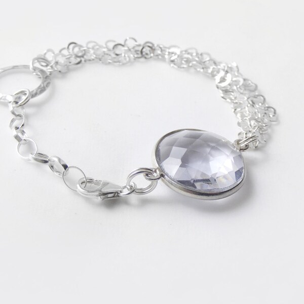 SALE Crystal quartz bracelet, silver clear gemstone bracelet with chain, 925